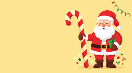 Fototapeta premium Christmas santa claus vector illustration, cheerfully holding a candy cane and gift, designed in a flat style on a warm yellow background with festive lights.