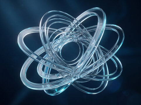 A 3D render of interlocking transparent glass rings forming a complex geometric atomic structure for tech concepts