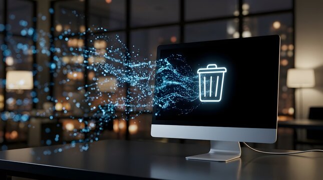 Computer screen displays trash icon with data particles flowing out