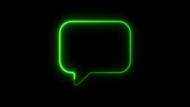 Neon green glowing speech bubble animation on black background, for social media, communication chat message