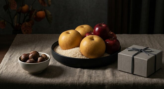 Autumn harvest still life with yellow pears red apples and chestnuts