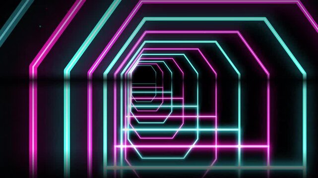 Abstract neon tunnel with glowing pink and blue hexagon light frames in a dark digital space background 4k Motion Video
