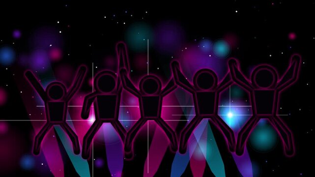 Group of happy people jumping at a vibrant music concert with colorful neon lights and glowing bokeh background effects representing a fun celebration or party atmosphere 4k Motion Video