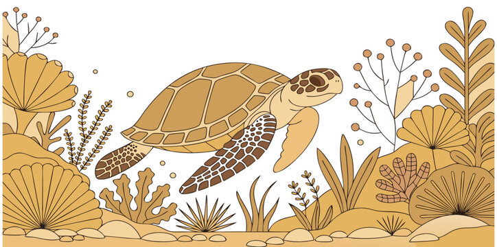 An illustration of a sea turtle swimming in a stylized underwater environment. The turtle, depicted in a flat design with an orange shell and white accents, is in the left-center of the frame.