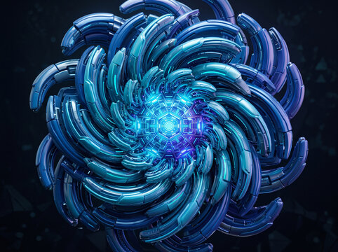 A complex blue futuristic mechanical spiral with glowing core elements, ideal for modern tech and sci-fi concepts