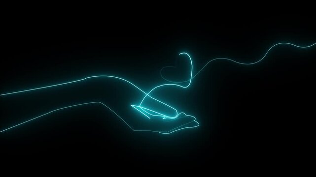 Glowing blue neon outline of a hand holding a small heart shape on a dark black background