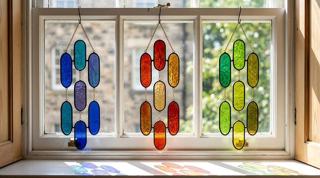 Colorful Stained Glass Suncatchers Hanging in Window