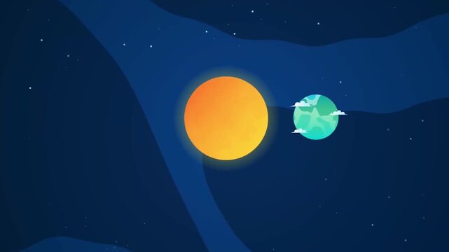 Flat design animation of planet earth orbiting around the glowing sun in deep space