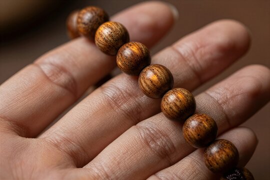 Close Of Adults Hand Holding String Round Wooden Beads With Intricate Grain Patterns Exhibit Warm Tones Ranging From Dark Brown