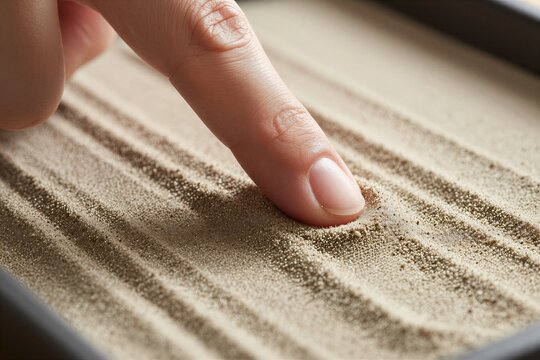 Captures Close Of Adults Hand As Presses Granular Sand Within To Shallow Tray Container Skin Tone Light With Lines On Palm Fingers