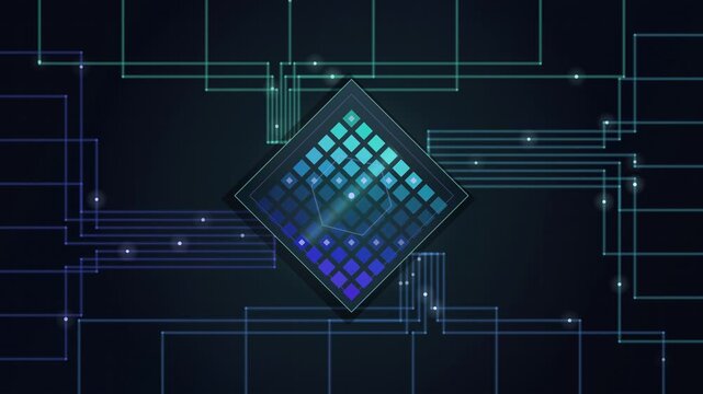 Abstract AI Silicon Inference Core Macro Chip Processor Loop 4K, Neural Teal Semiconductor NPU Microchip Data Pulses Seamless Backdrop