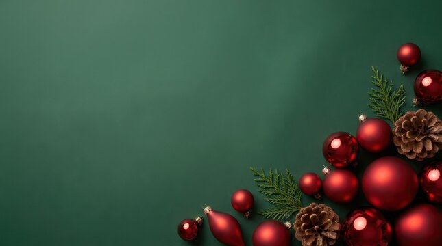 Red baubles and pinecones with fir sprigs on a green background with soft light