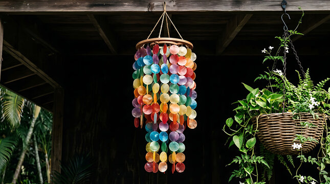 Colorful Capiz Shell Wind Chime Hanging on a Wooden Porch