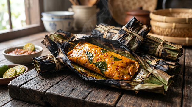 Hyper Realistic 9K Low Angle Close Up Johor Otak Otak Grilled Spiced Fish Cake in Coconut Leaf Food Photography
