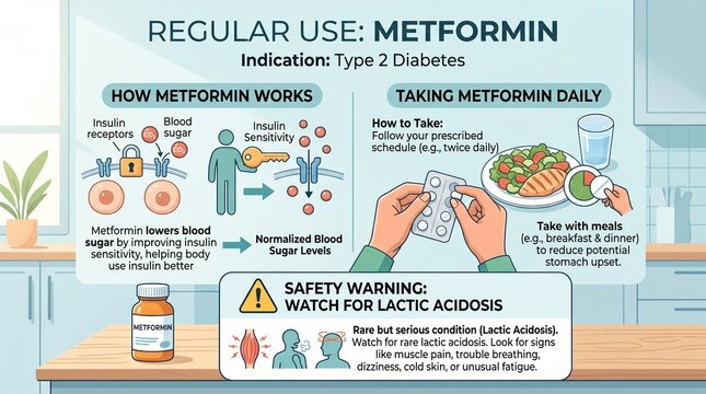 Educational infographic explaining metformin usage for type 2 diabetes management