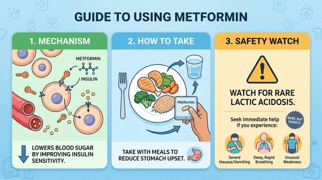 Infographic guide illustrating metformin mechanism, dosage, and safety for type 2 diabetes patients