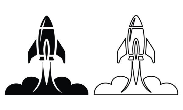 Professional flat vector rocket icons launching with exhaust trails representing ambition, startup growth, and success.