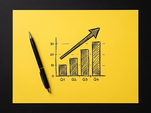 Hand drawn rising bar graph on bright yellow paper with pen suitable for corporate financial reports symbolizing quarterly progress and success