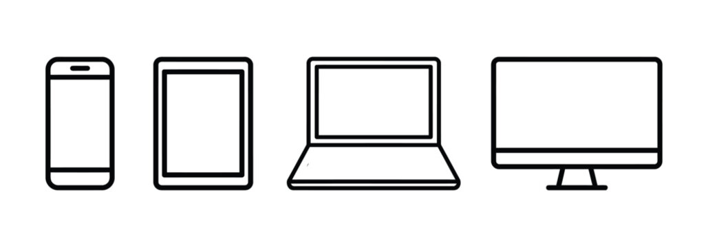 A set of four simple black line art icons representing common electronic devices including a smartphone tablet laptop and desktop computer monitor