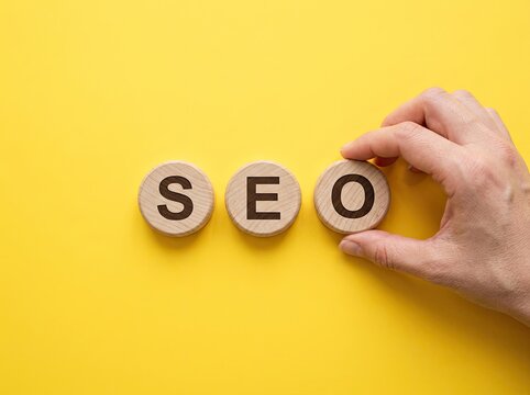 Hand arranging wooden blocks spelling SEO on yellow background suitable for digital marketing content symbolizing optimization and web growth