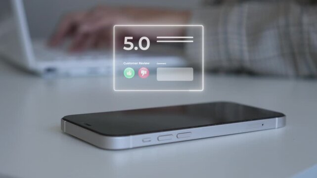 Motion Graphic digital customer review peep out at smart phone with Businesswoman Typing on laptop