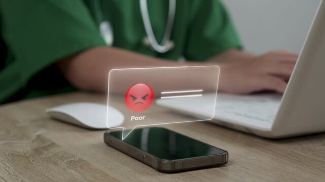Bad digital customer review interface peep out on Smart phone with nurse using laptop at table