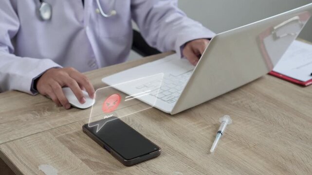 Bad digital customer review interface peep out on Smart phone with doctor using laptop at table