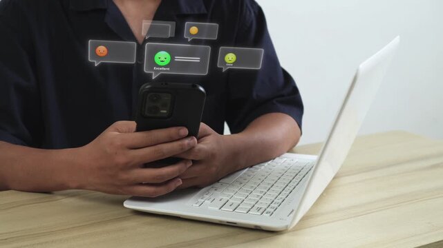 Employe using smart phone with Motion graphic customer review showcasing