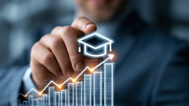 Professional businessman touching virtual holographic graduation cap icon above rising financial graph chart to symbolize educational growth and career success