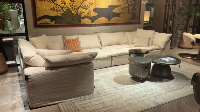 A styled living room vignette featuring modern Crate And Barrel furnishings arranged in a warm, contemporary flagship showroom setting.