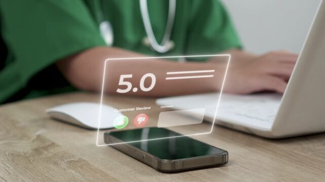 Close up of nurse using laptop with Digital customer review interface peep out on smart phone