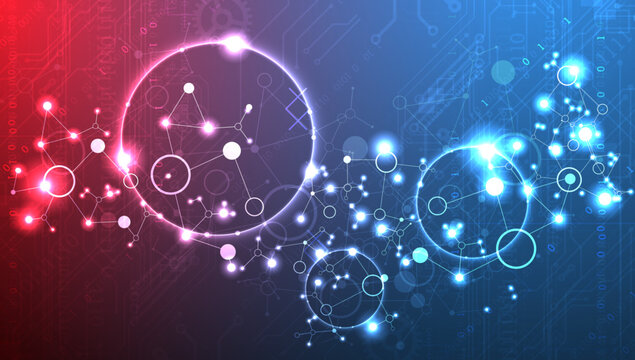 Abstract futuristic technology background with glowing molecular network, binary code and lens flare effect