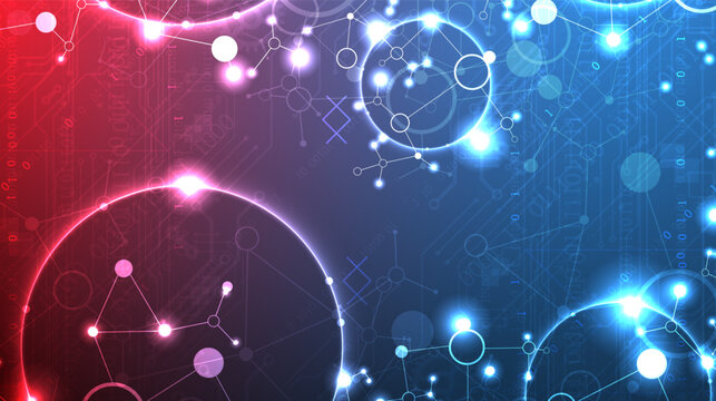 Abstract futuristic technology background with glowing molecular network, binary code and lens flare effect