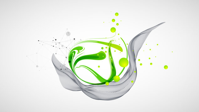Abstract background with fluid green shapes, wireframe 3D grid wave, topographic lines and plexus network