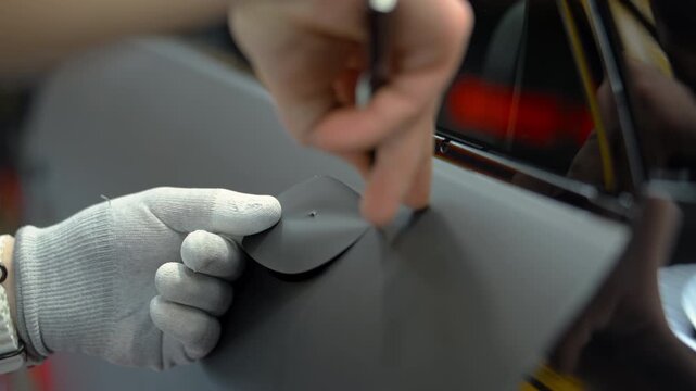 Close up footage of process installed vinyl wrap on a car in a workshop. detailing process 