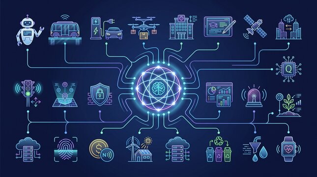 A detailed vector-style collection of connected symbols representing artificial intelligence, smart city infrastructure, digital services, cybersecurity, renewable energy, healthcare, education and ur