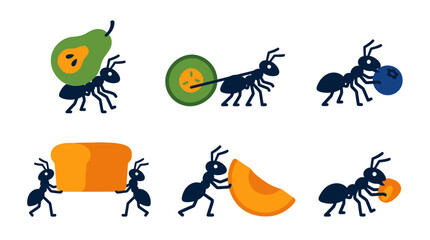 Obraz premium Ants carrying food flat vector illustration set