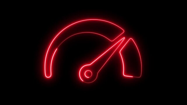 Neon red speedometer gauge animation, glowing dashboard tachometer symbol for performance and acceleration concepts