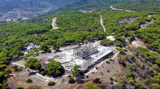 Panoramic aerial view of the ancient Temple of Aphaia at Aegina Island, Saronic Gulf, Greece