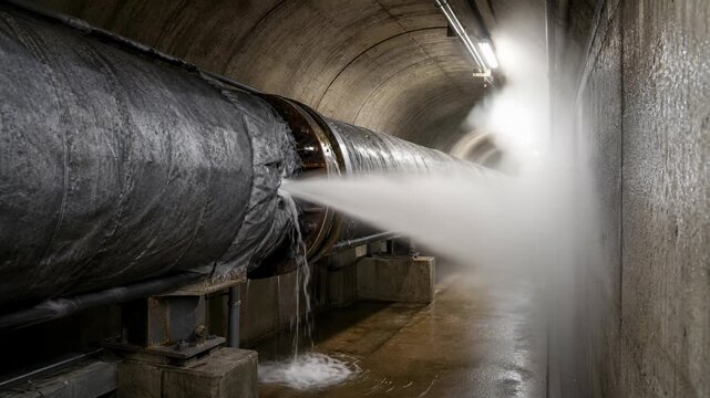 Industrial pipe underground tunnel steam water leak from metal conduit releases dense vapor beside insulated pipeline, wet floor, maintenance safety