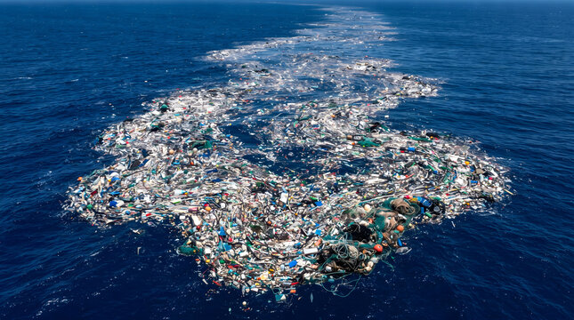 Aerial view of a massive plastic garbage patch and marine debris floating in the open ocean water