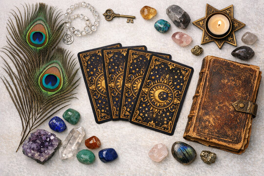Four ornate tarot cards lie beside a vintage book