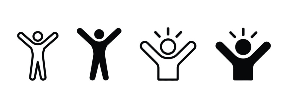 Happy Person Icon featuring joyful human gestures, raised hands, positive emotions, celebration, business success, achievement, motivation, and interface elements vector