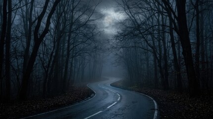 Obraz premium Winding dark forest road through fog under glowing full moon at night