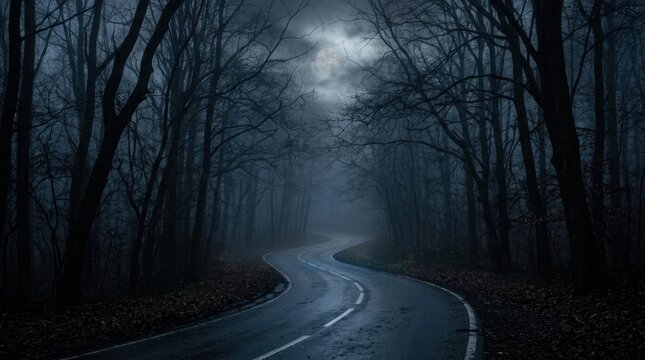 Winding dark forest road through fog under glowing full moon at night