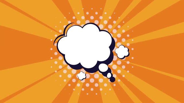 Retro comic thought cloud balloon animation on orange sunburst background loop