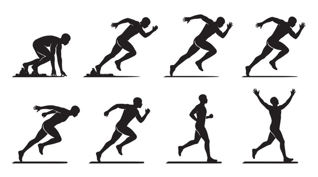 Athletic runner silhouette set, 8 sprinting and jogging man icons, track and field sports vector collection, competition race poses isolated on Transparent Background