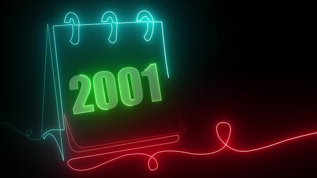Neon calendar icon showing the year 2001 with glowing red and blue light lines on dark background