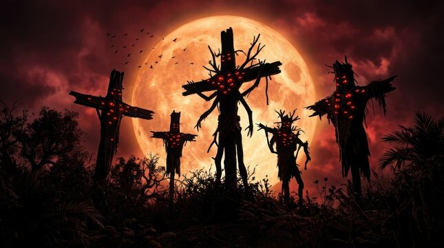 Group of creepy wooden scarecrows with glowing eyes under red moon sky