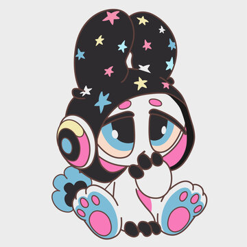 Sitting cartoon rabbit. Funny character with a hood and headphones. Cartoon character design.